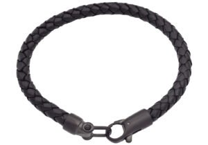 Mens Black Leather Black Stainless Steel Bracelet
