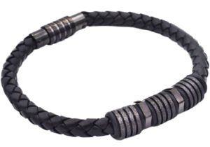 Mens Black Leather Sandblasted Black Stainless Steel Bracelet