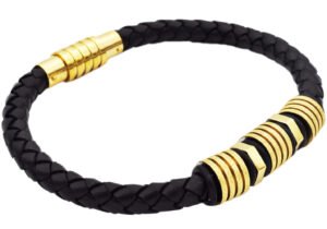 Mens Black Leather Sandblasted Gold Stainless Steel Bracelet