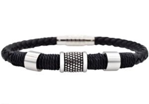 Mens Black Leather Stainless Steel Bracelet