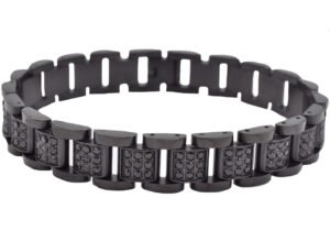 Mens Black Stainless Steel Link Bracelet With Black Cubic Zirconia