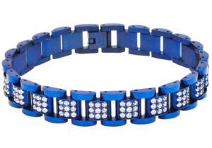 Mens Blue Stainless Steel Link Bracelet With Cubic Zirconia