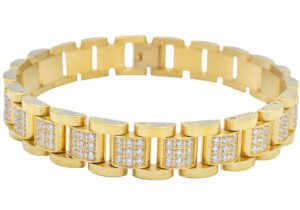 Mens Gold Stainless Steel Link Bracelet With Cubic Zirconia