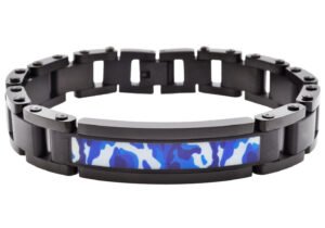Mens Black Stainless Steel Blue Camo ID Link Bracelet