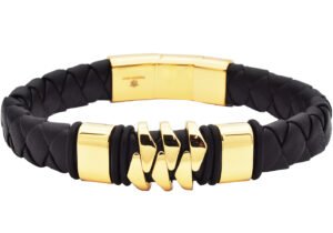 Mens Genuine Gold Plated Leather Stainless Steel Bracelet