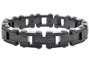 Mens Black Stainless Steel Link Bracelet With Cubic Zirconia