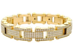 Mens Gold Stainless Steel Link Bracelet With Cubic Zirconia