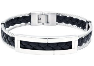 Mens Stainless Steel Black Leather Cable Bracelet