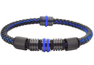 Mens Two-Tone Black and Blue Leather Stainless Steel Bracelet