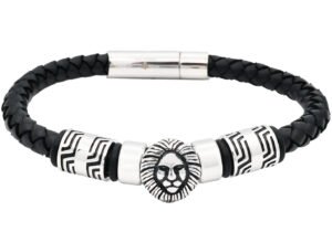 Mens Lion's Head Black Leather Stainless Steel Bracelet