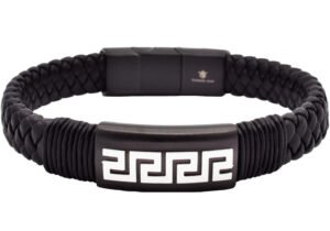 Mens Black Leather Greek Key Stainless Steel Bracelet