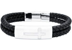 Mens Double Strand Black Leather Stainless Steel Cross Bracelet