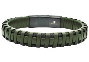 Mens Braided Green Leather Stainless Steel Cable Bracelet
