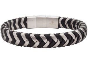 Men's 2-Tone Black and White Herringbone Stainless Steel Leather Bracelet