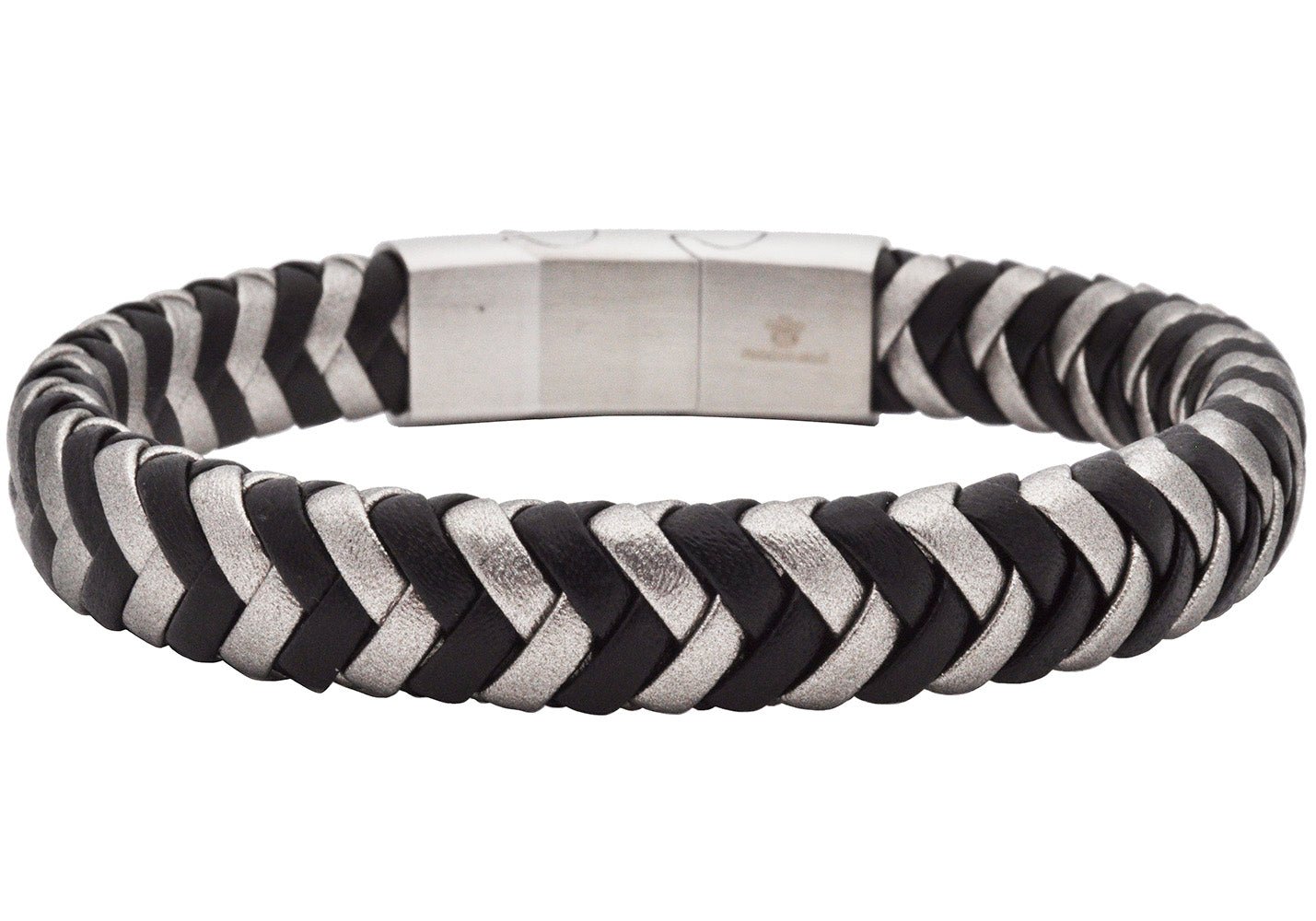 Men's 2-Tone Black and White Herringbone Stainless Steel Leather Bracelet