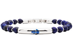Mens Genuine Lapis Lazuli 6mm Bead Stainless Steel Bracelet a Anchor Badge