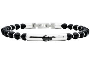 Mens Genuine Onyx 6mm Bead Stainless Steel Bracelet a Anchor Badge