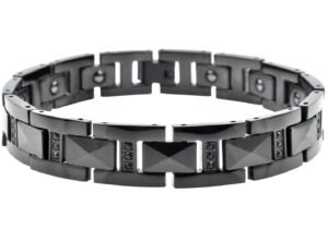Mens Black Tungsten Link Bracelet With Black Cubic Zirconia