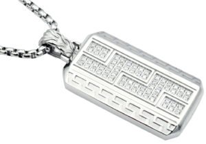Mens Stainless Steel Greek Key CZ Dog Tag Pendant Necklace With 24" Round Box Chain