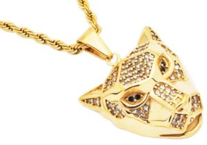 Mens Gold Plated Stainless Steel Panther Head Pendant With Cubic Zirconia
