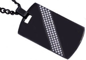 Mens Black Plated Stainless Steel Dog Tag Pendant With Cubic Zirconia
