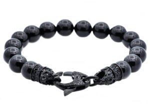Mens Genuine Onyx Black Stainless Steel Beaded Bracelet With Black Cubic Zirconia