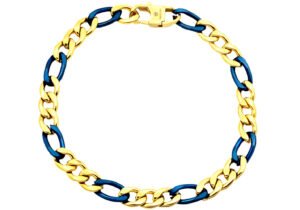 Mens Two-Toned Gold & Blue Stainless Steel Figaro Link Chain Bracelet