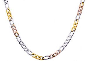 Mens Tri color Yellow Gold And Gold Stainless Steel Figaro Link Chain Necklace