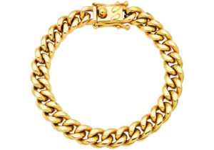Mens 10mm Gold Stainless Steel Miami Cuban Link Chain Bracelet With Box Clasp