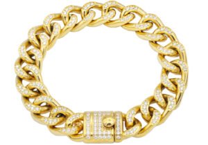 Mens Gold Stainless Steel Curb Link Chain Bracelet With Cubic Zirconia