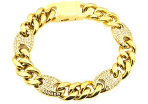 Mens 10mm Gold Plated Stainless Steel Mariner Curb Chain Bracelet With Cubic Zirconia