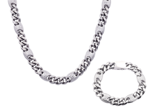 Mens 10mm Stainless Steel Mariner Curb Chain Set With Cubic Zirconia