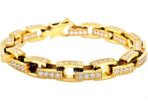 Mens Gold Stainless Steel Square Link Chain Bracelet with Cubic Zirconia