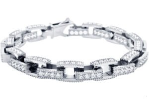 Mens Stainless Steel Square Link Chain Bracelet with Cubic Zirconia
