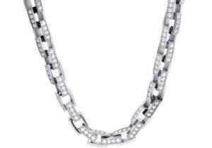 Mens Stainless Steel Square Link Chain Necklace with Cubic Zirconia