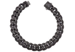 Men's 12mm Black Plated Stainless Steel Iced Out Miami Cuban Link Chain Bracelet