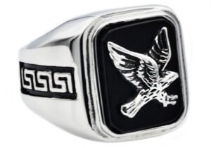 Mens Onyx And Stainless Steel Eagle Ring