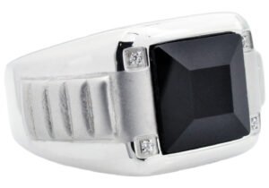 Mens Genuine Onyx And Stainless Steel RIng With Cubic Zirconia