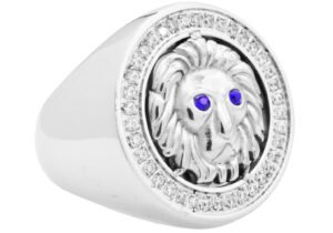 Mens Stainless Steel Lion Ring With Blue And White Cubic Zirconia