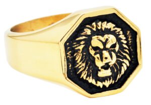 Mens Two-Toned Black and Gold Stainless Steel Lion Ring