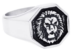 Mens Two-Toned Black Stainless Steel Lion Ring