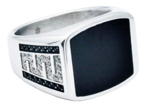 Men's Stainless Steel Square Onyx Ring With Black & White Cubic Zirconia