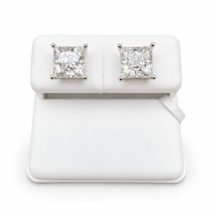 Rhodium Plated 925 Sterling Silver Princess Cut Basket Clear Moissanite Stud Earring – 7mm