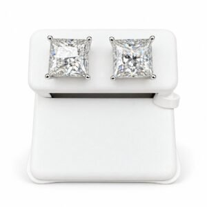 Rhodium Plated 925 Sterling Silver Princess Cut Basket Clear Moissanite Stud Earring – 8mm