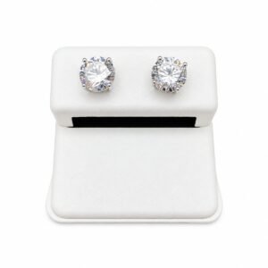 Rhodium Plated 925 Sterling Silver Round Basket Clear Cubic Zirconia Stud Earring – 6mm