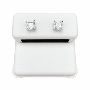 Rhodium Plated 925 Sterling Silver Princess Cut Basket Clear Cubic Zirconia Stud Earring – 4mm