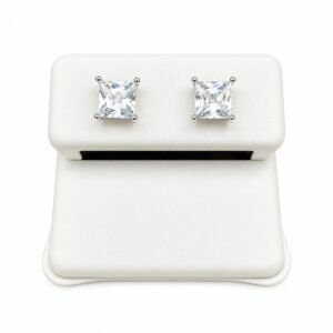 Rhodium Plated 925 Sterling Silver Princess Cut Basket Clear Cubic Zirconia Stud Earring – 5mm