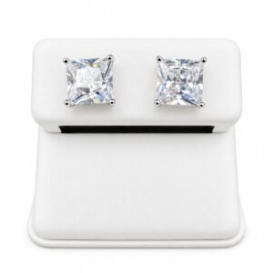 Rhodium Plated 925 Sterling Silver Princess Cut Basket Clear Cubic Zirconia Stud Earring – 7mm