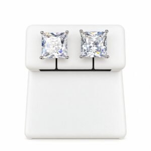 Rhodium Plated 925 Sterling Silver Princess Cut Basket Clear Cubic Zirconia Stud Earring – 8mm