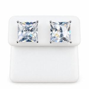 Rhodium Plated 925 Sterling Silver Princess Cut Basket Clear Cubic Zirconia Stud Earring – 9mm